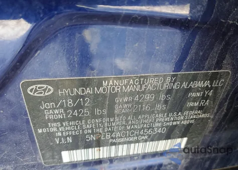 2012 Hyundai Sonata Gls из США, поврежденный, VIN 5NPEB4AC1CH456340